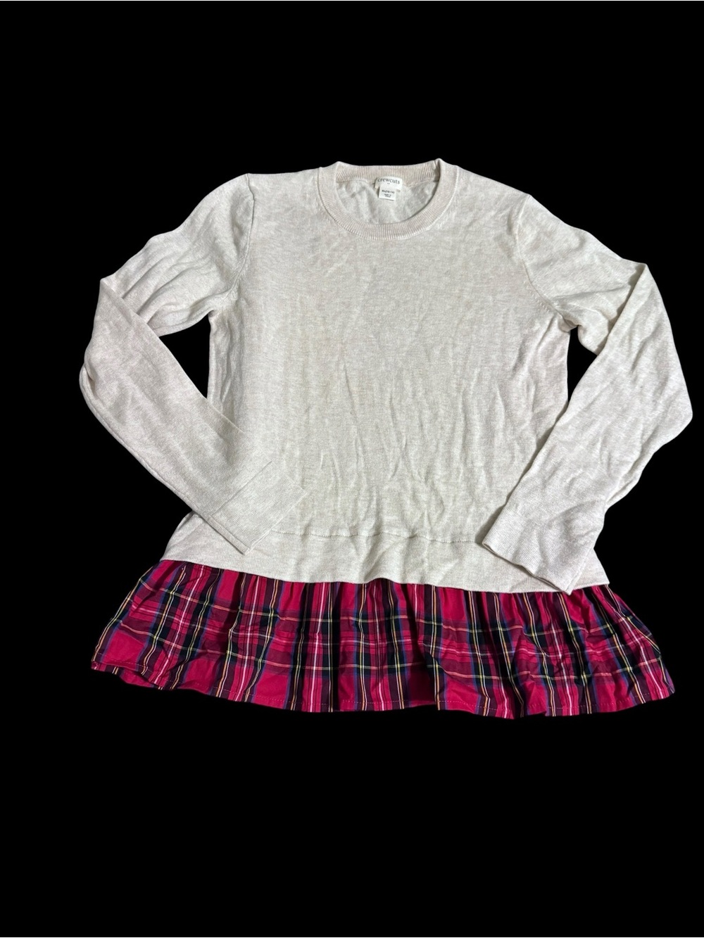 Crewcuts Cream Long-Sleeve Top with Pink Plaid Ruffle Hem
